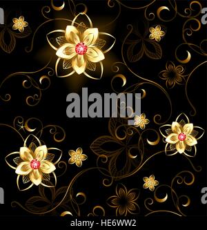 pattern of gilded flowers with bright rubies on a brown background Stock Vector