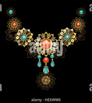 Jewelry gold jewelry made in oriental style, decorated with turquoise and red jasper on a dark background. Stock Vector