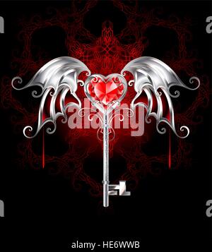 jewelry silver key with a ruby heart, vampire, and silver wings on a dark patterned background. Gothick style. Stock Vector