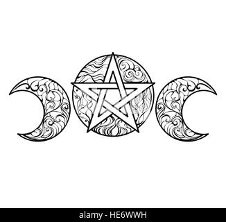 Pentagram with magic elements line art design for coloring books, anti stress color. Magic symbol. Tattoo style. Stock Vector