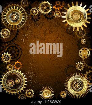 gold and brass gears on rusty background. Stock Vector