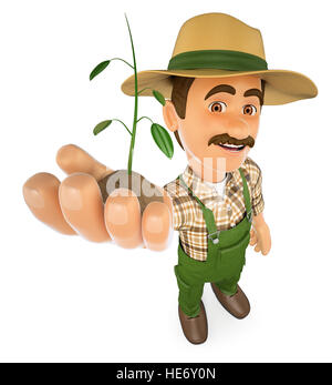 3d working people illustration. Gardener with a plant growing in hand. Isolated white background. Stock Photo