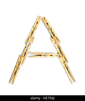 Letter A made of wooden clothespins isolated on white Stock Photo