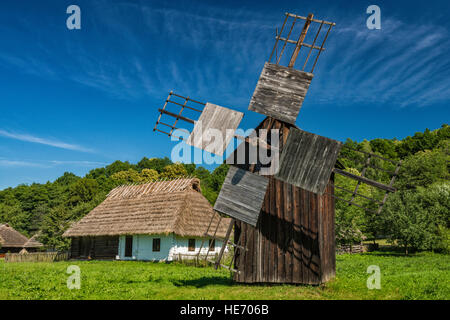 Wooden windmill from Urzejowice, 1902, Pogorzanie (Polish Uplanders) ethnic group, Rural Architecture Museum in Sanok, Poland Stock Photo