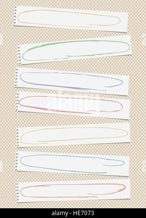 Ripped white notebook, note, copybook horizontal paper sheets with colorful doodle frames, stuck on squared background Stock Vector