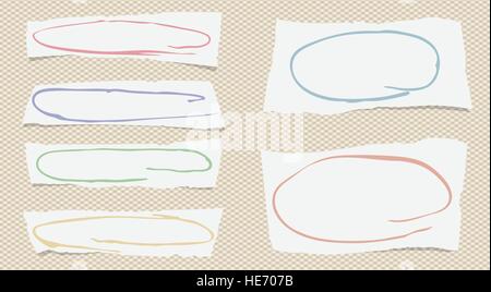 Ripped white notebook, note, copybook horizontal paper sheets with colorful doodle frames, stuck on squared background Stock Vector
