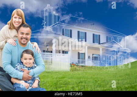 Young Happy Mixed Race Family and Ghosted House Drawing on Grass. Stock Photo