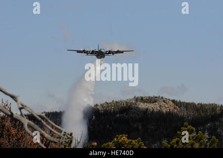 A Modular Airborne Fire Fighting System-equipped C-130 Hercules from the 153rd Airlift Wing follows a U.S. Forest Service lead plane and performs a training mission that includes water drops May 10, 2013, near the Medicine Bow National Forest in Wyoming. When it is determined MAFFS-equipped aircraft are needed, the National Interagency Fire Center requests the Defense Department’s Air Force resources through U.S. Northern Command.. (U.S. Air National Guard photo/Capt. Rusty Ridley) Stock Photo