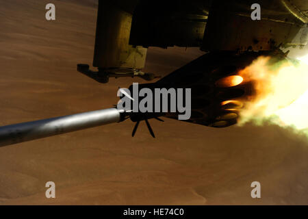 A KP long-guided rocket launches from the rocket pod of an Afghan National Army Air Corps Mi-35 attack helicopter, May 11, over the Forward Operating Base Shank firing range. U.S. Air Force Maj. Caleb Nimmo, Mi-35 team lead assigned to the 440th Air Expeditionary Advisor Squadron, and Hungarian Air Force Maj. Szili ''Alex'' Sandor, an Mi-35 Hind E instructor pilot assigned to the Hungarian Operational Mentoring Team, fired the rocket from their aircraft during a live-fire exercise. The front of the heavily armored helicopter is fitted with a 12.7 mm Yak-B Gatling gun and can carry up to four 5 Stock Photo