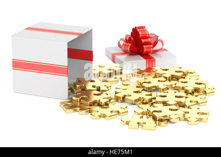 Gift box with pieces of the puzzle, 3D rendering isolated on white background Stock Photo