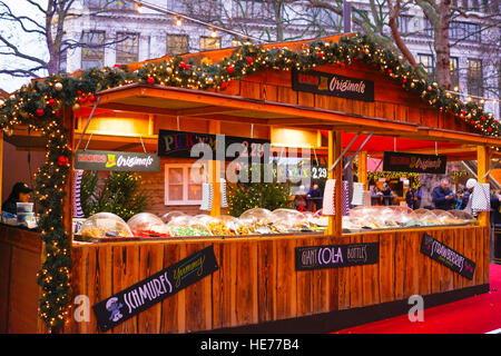 Christmas in Leicester Square - wooden sale booth on the market Stock Photo