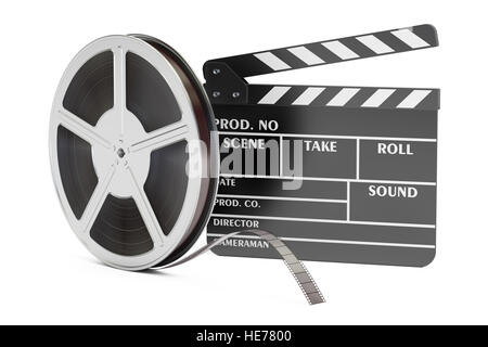 Cinema concept. Clapperboard with film reels and movie camera on