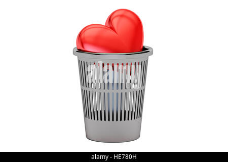 Trash bin with red heart, 3D rendering isolated on white background Stock Photo