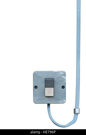 Outdoor electric equipment control industrial button power switch closeup, isolated old aged weathered grungy blue wire cable large vertical Stock Photo