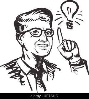 Idea concept with man and lightbulb. Retro sketch vector illustration isolated on white background Stock Vector