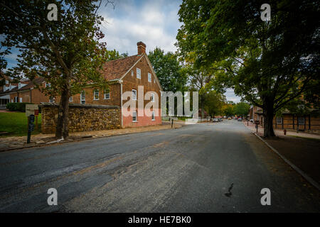 Old houses along Main Street in the Old Salem Historic District, in Winston-Salem, North Carolina. Stock Photo