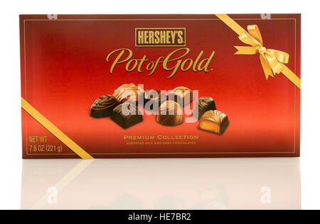 Winneconne, WI - 11 December 2016:  Shot of  Hershey's pot of gold assorted milk and dark chocolate on an isolated background. Stock Photo