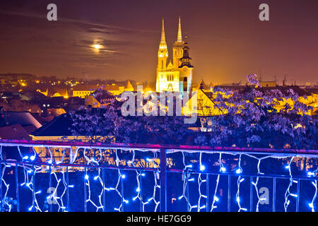 Zagreb cathedral evening advent view, famous landmarks of Croatian capital city Stock Photo