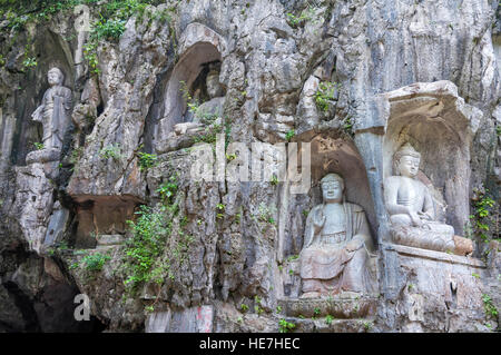 Rock reliefs at Feilai Feng grottos near Lingyin Temple in Hangzhou, China. Stock Photo