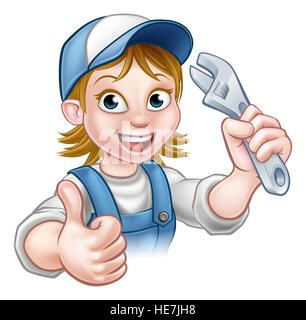 A mechanic or plumber handyman cartoon character holding a spanner and giving a thumbs up Stock Photo