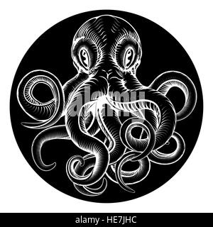 An original octopus or squid tattoo illustration concept design in a retro vintage woodcut engraved etched style Stock Photo