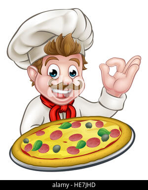 Cartoon chef holding a pizza and giving a perfect okay delicious cook gesture Stock Photo