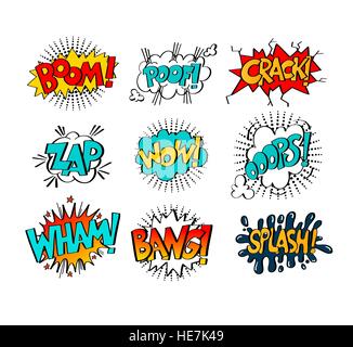 collection of nine multicolored comic sound effects in pop art s Stock Vector