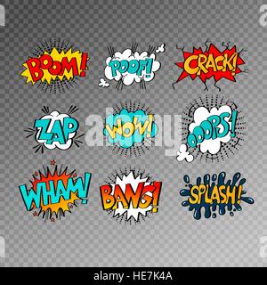 collection of nine multicolored comic sound effects in pop art s Stock Vector