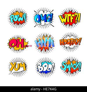 collection of nine multicolored comic sound effects in pop art s Stock Vector