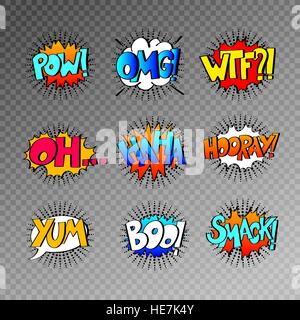 collection of nine multicolored comic sound effects in pop art s Stock Vector