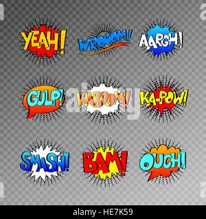 collection of nine multicolored comic sound effects in pop art s Stock Vector