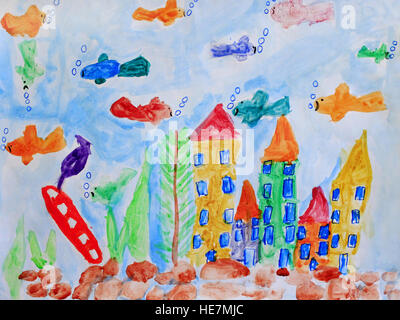 Multicolored child's drawing with fishes and underwater castles in the aquarium Stock Photo