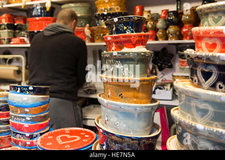 Locally made artisanal pottery, traditional to the region, on sale at Place Broglie Christmas market, Strasbourg, Alsace, France Stock Photo