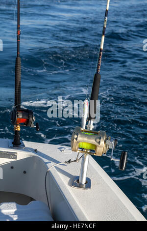 Big game fishing in Canary Islands, Spain. Fishing reels and rods on boat. Stock Photo