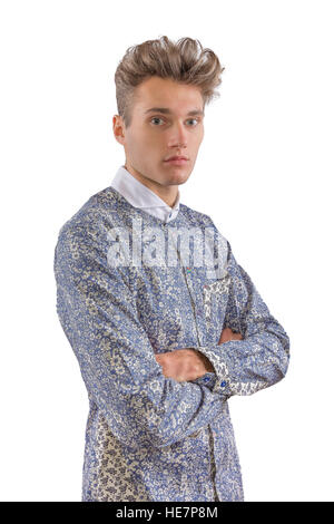 Stylish man dressed in a blue and white formal floral shirt Stock Photo