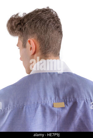 Young blond stylish man dressed in a blue formal shirt, close-up of back Stock Photo