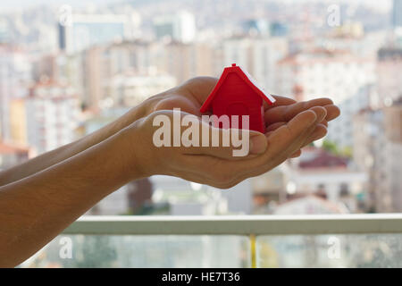 Small red house in the man's hands Stock Photo