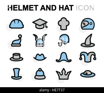 Vector flat helmet and hat icons set Stock Vector