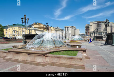 Moscow, Russia, Cityscape, View of the fountains on Manezhnaya Square in downtown Moscow, beautiful places Stock Photo