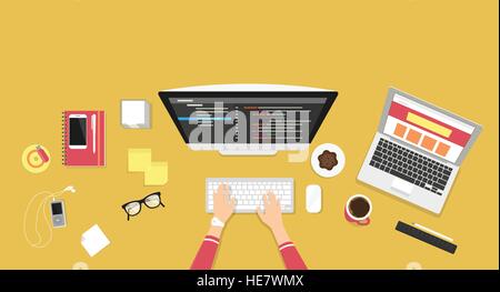 Human female hands typing on the computer keyboard and programming using laptop. Business desktop illustration on yellow background with smartphone, s Stock Vector