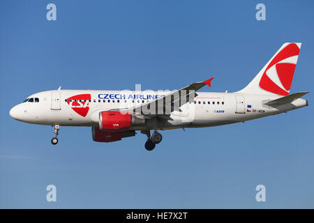 Czech Airlines Airbus A319 approaching to El Prat Airport in Barcelona, Spain. Stock Photo