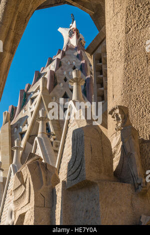 Sculpture of religious figures in stone on facade of the Sagrada Familia, Barcelona, Spain. Stock Photo