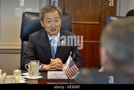 Korean Ambassador Ahn Ho-Young meets with U.S. Deputy Secretary of Defense Bob Work at the Pentagon June 20, 2014 in Washington, DC. Stock Photo
