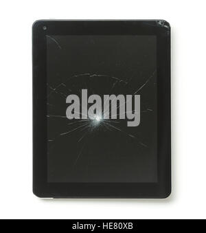 Tablet computer with broken screen isolated on white background. Stock Photo