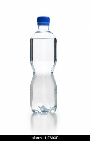 Small plastic water bottle isolated on white background. Stock Photo