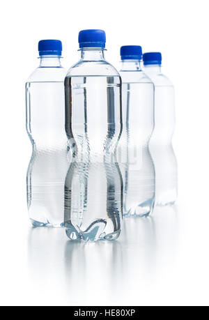 Small plastic water bottle isolated on white background. Stock Photo