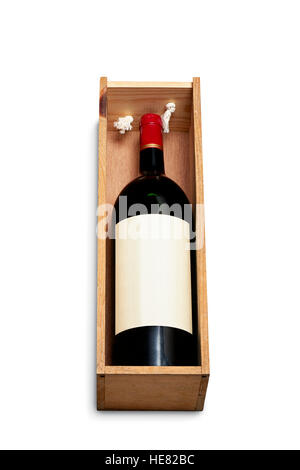 Big bottle of red wine in wooden box for carriage isolated on white with clipping path Stock Photo
