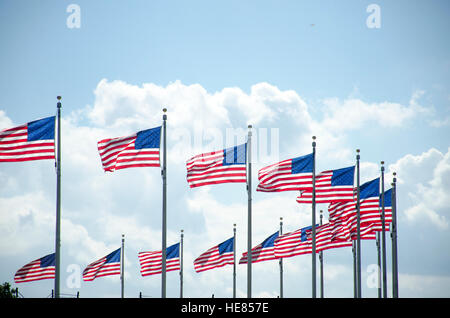 Circle of flags snap in the wind at the Washington Monument. Stock Photo