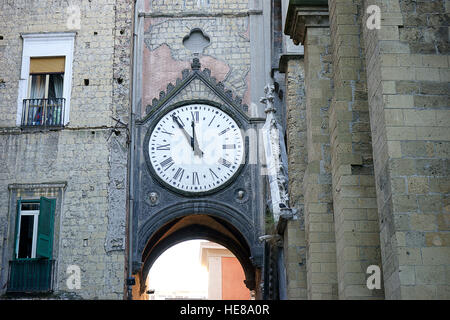 Naples, Italy, sant'Eligio's church and his clock. The clock is stopped by the bombardments of the World War II. Stock Photo