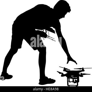 Black silhouette of a man operates unmanned quadcopter vector illustration Stock Vector